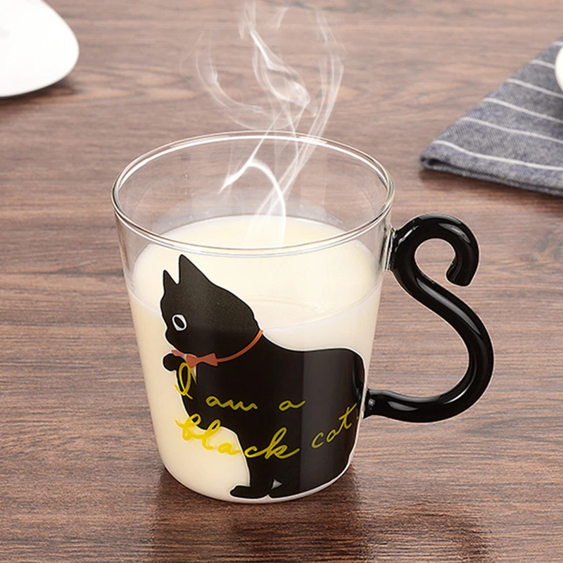 Cute 250ml Glass Mug with Cat Tail Handle Nihonn Japanese Style Cartoon Cat Design for Home Gift Accessory for Kids Students