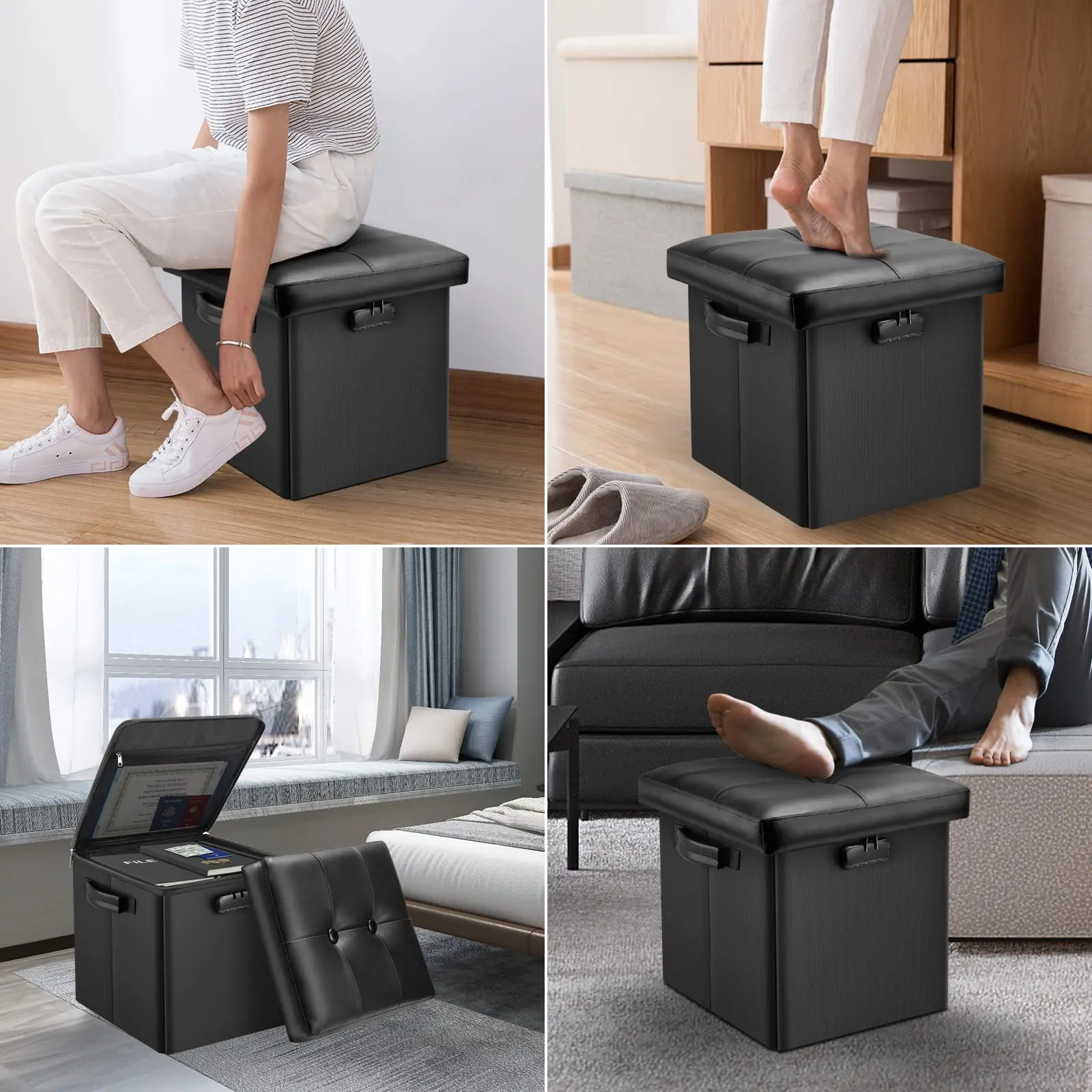 OEMNew Square Storage Ottoman With Tray and Lock Fireproof Folding Storage Ottoman Bench Portable Folding Stool with Storage Box