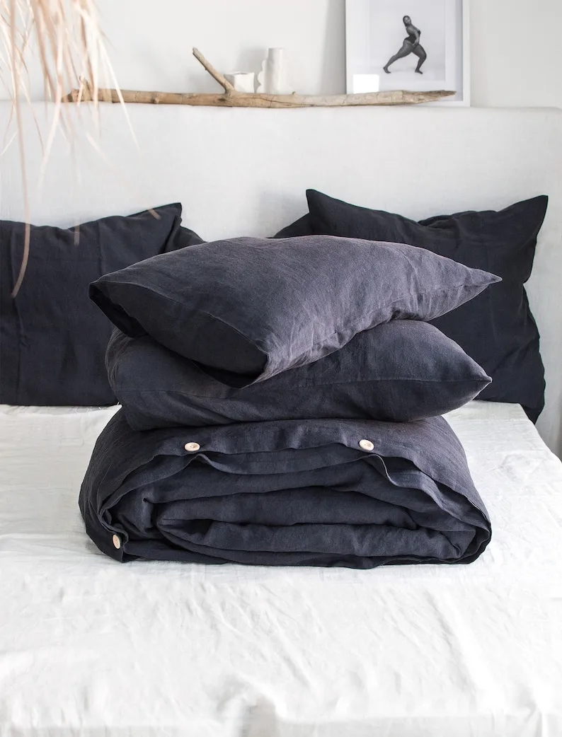 Graphite Blue Linen Bedding Set Duvet Cover & 2 Pillowcases King Queen Full Double Twin Single Anthracite Gray Blue Washed Soft