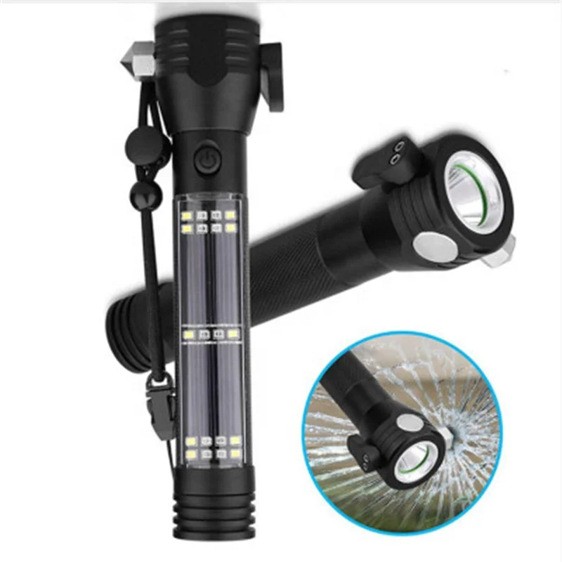 Car Flashlight Solar Power Tactical Flashlight Bright LED Emergency Torch Light With Safety Hammer Seat Belt Cutter Compass