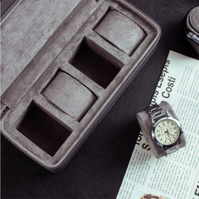 4 Slot Grey Leather Zipper Portable Storage Display Watch Travel Case Box With Cushions