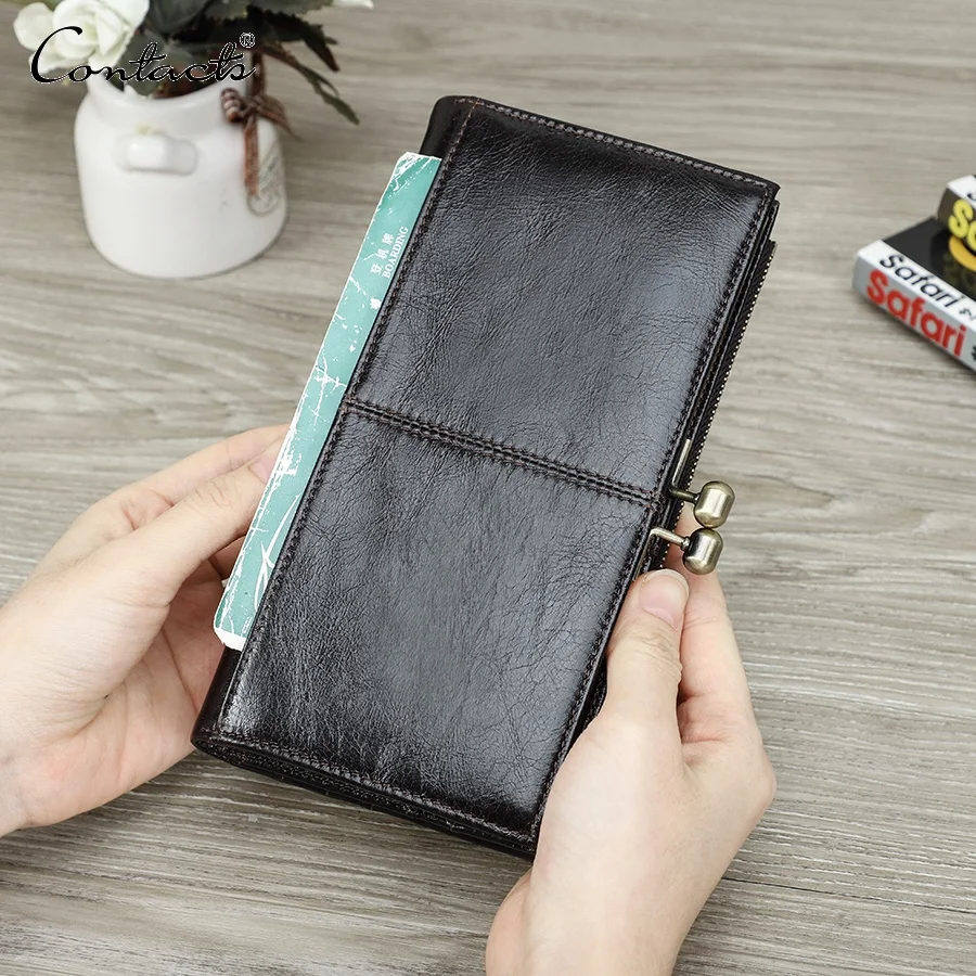 Genuine Leather Woman Credit Card Holder Metal Frame Closure Coin Purse Long bifold Wallet Women