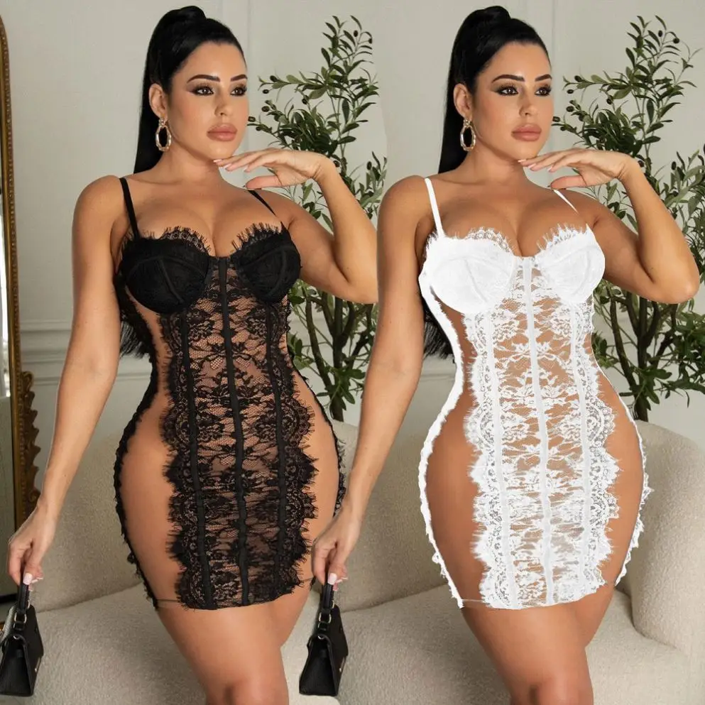 New Arrival Suspender See Through Dress Woman Sexy Lace Mesh Splicing Mini Dresses Club Party Wear with Breast Pad
