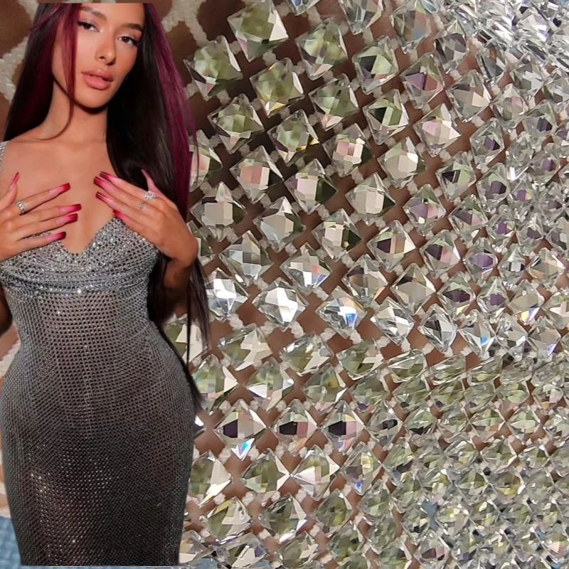 Rhinestones Mesh Fabric with 6*6 square rhinestone Crystal Sewing Strass Crystal tape Net diy ribbon Dress craft for hair