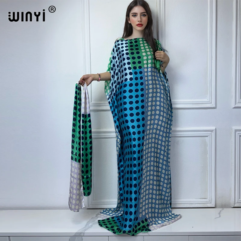 WINYI muslim african dresses for woman dubai abaya Crew Neck Wave dot print Kaftan Dress, Elegant Maxi Length Dress, maxi dress