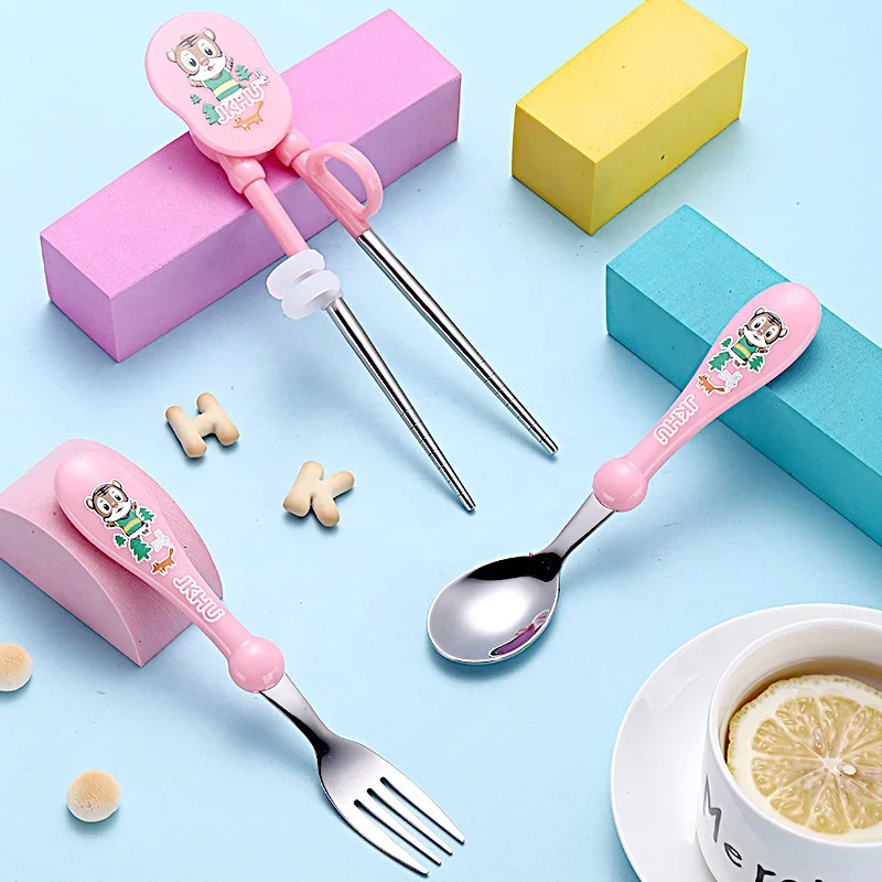 kids forks Training Chopsticks Flat Edge Stainless steel fork Spoon Grooved tableware Set with Case for Right-hand Children Kids