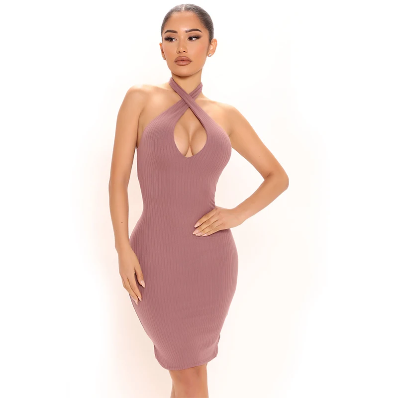 2022 Fashion Hollow Out Sleeveless Off Shoulder Solid Dress Sexy Halter Neck Backless Bodycon Party Mini Dress