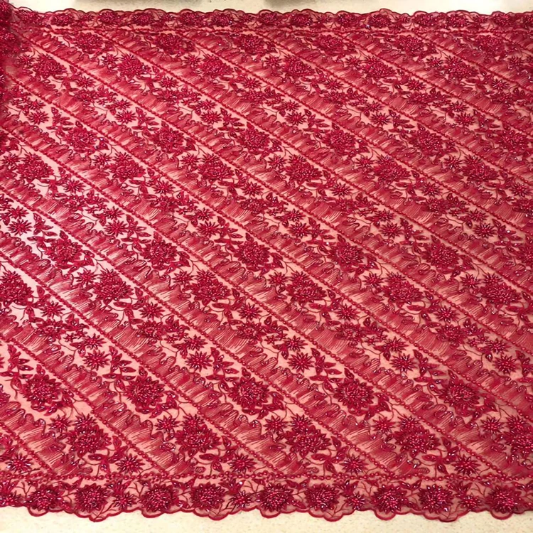Handmade Luxury Red Beaded Handmade Embroidery Dress Dubai Lace Fabric Embroidery Lace Fabric Beads