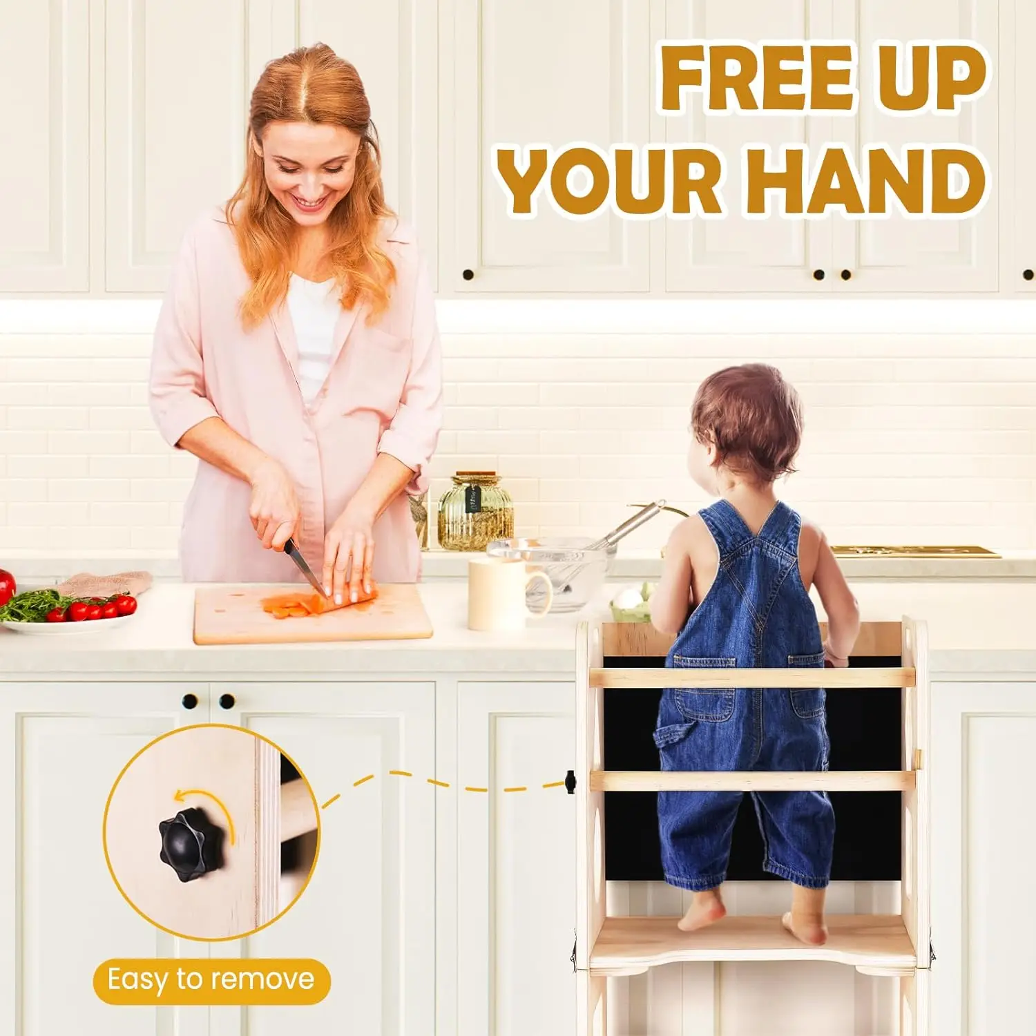 Learning Tower for Toddlers Foldable Kitchen Step Helper Stool with Adjustable Height & Safety Rail for Kids Kitchen helper