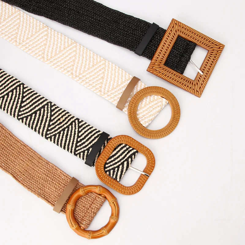 2024 Women Skinny Dress Belt Fashion Imitation Straw Woven Waist Band Buckle Belt