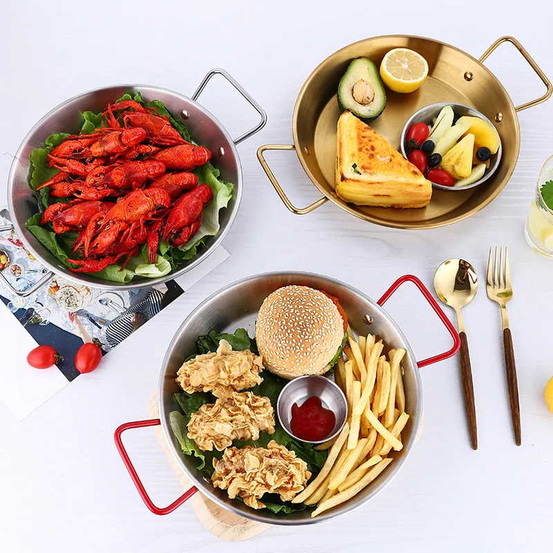 Spanish Stainless Steel Seafood Plate Double Ear Thick Flat-bottomed Pot Fried Chicken Pan Salad Pasta Plate Restaurant Tray