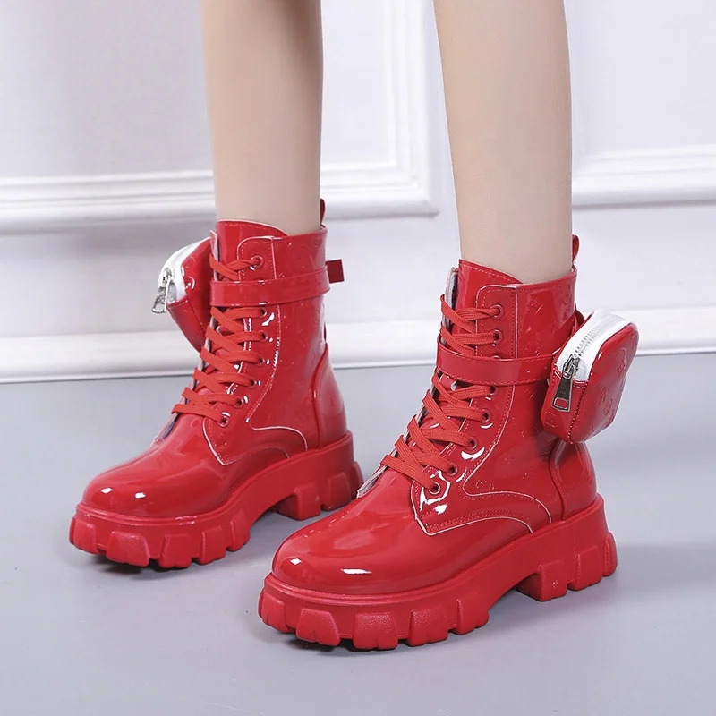 Ladies Buckle Strap Black Chunky Sole Printed Round Toe Thick Sole Lace up British Style Fashion Wallet Boots