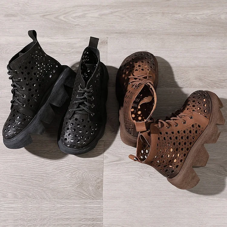 Handmade casual leather retro lace up women shoes 2020 spring and summer new thick bottom slope with ethnic wind hollow sandals