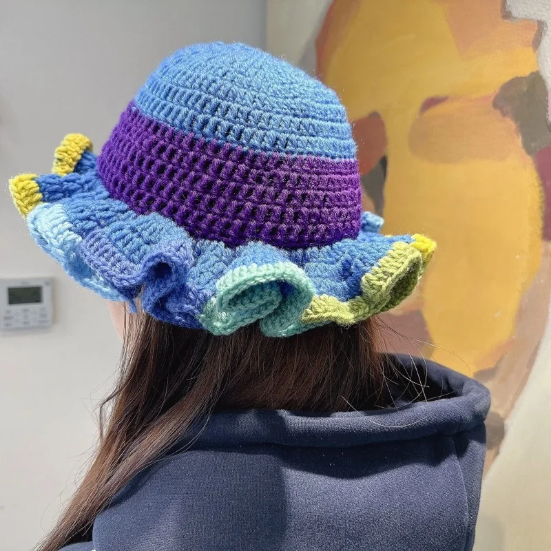 New Trendy Handmade Women Crochet Bucket Hats Y2k Fashion Cute Fluffy Pleated Ruffle Brim Knitted Hat