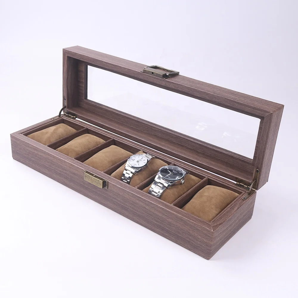 
Wholesale Display Case Glass Lid Wooden Leather Watch Box 6 Slot 