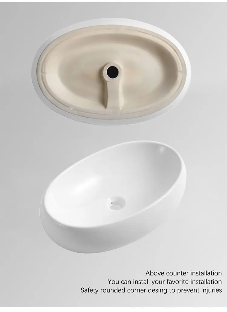 Modern Above Counter Oval Basin Ceramic Solid Surface Table Top Wash Basin Bathroom Vessel Sink