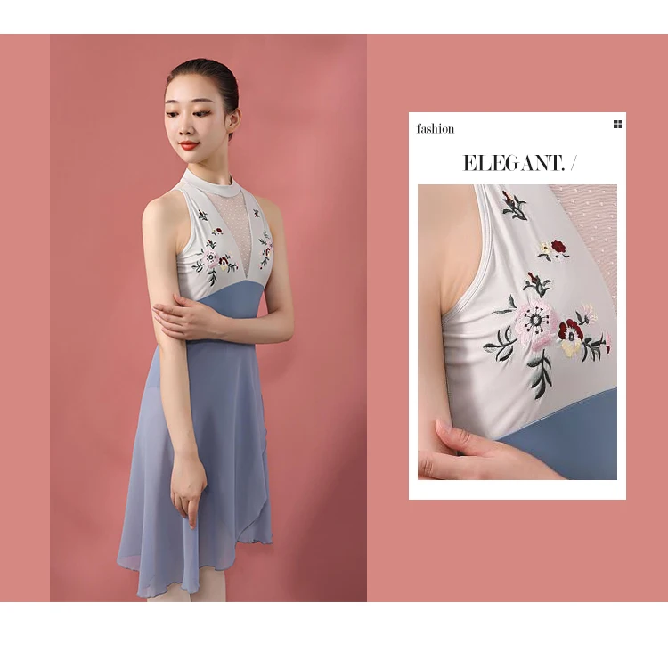 High Neck Collar Floral Embroidery Tank Leotards For Girls Sleeveless Bodysuit For Ballet Training Dancewear