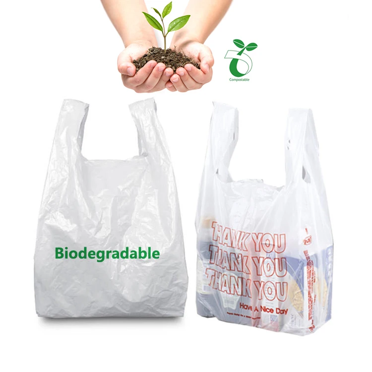 Экологически чистый биоразлагаемый пакет для покупок в продуктовых магазинах с индивидуальным принтом, биоразлагаемый пластиковый пакет для футболок на основе растений с логотипом