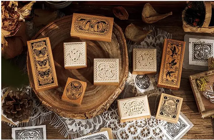 Infeel Me 9pcs creative wood rubber stamp set vintage butterfly mushroom wood stamp for planner scrapbook