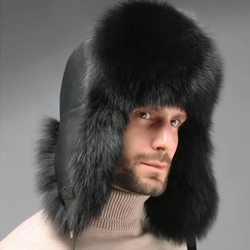 2021 mr & mrs furs Silver Fox Fur Russian Ushanka Hat For Man And Women Black Leather Earflap Tropper Hat With Silver Fox Fur