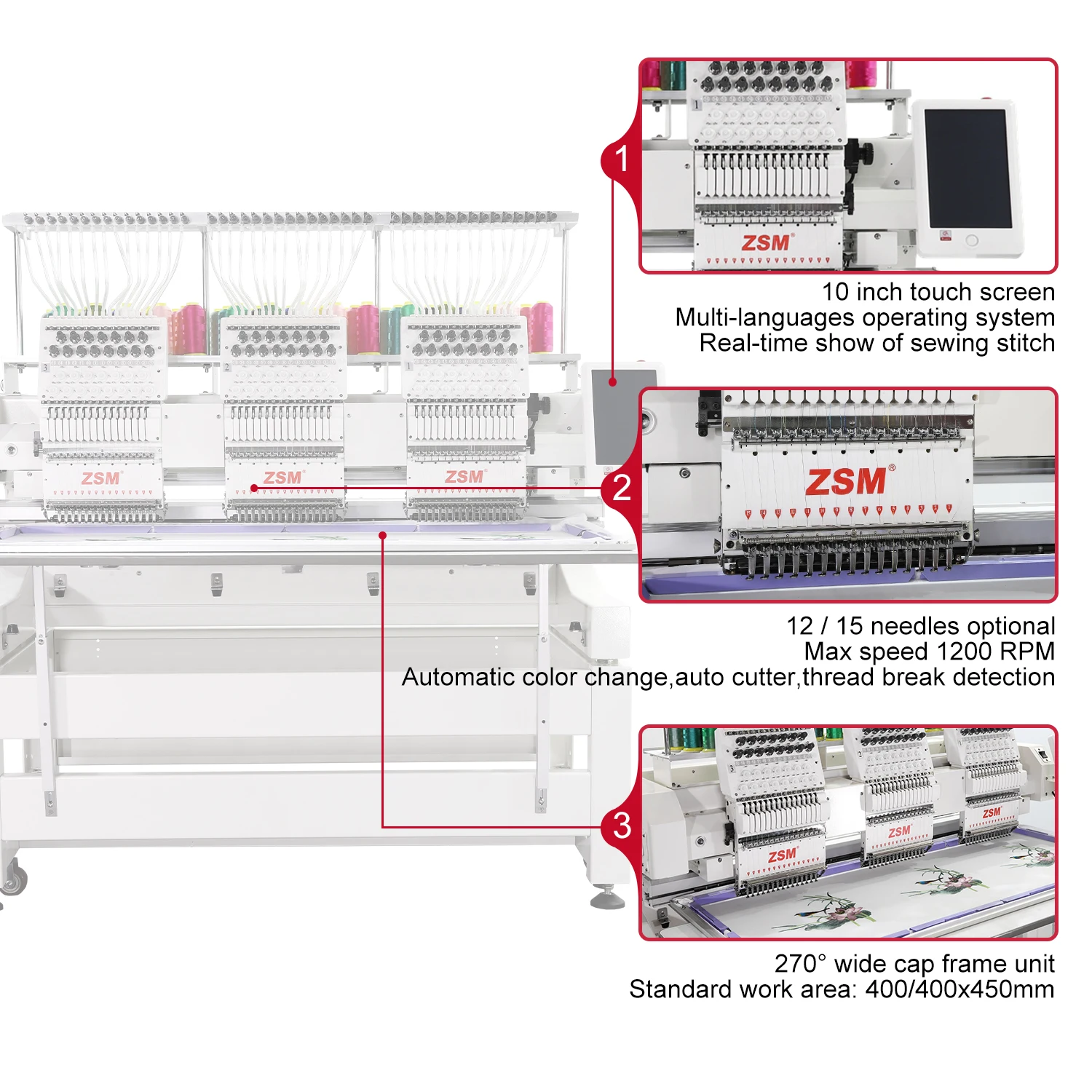 New Design Three Heads Embroidery Machine Commercial T-shirt Embroidery Sewing Machine Computer Embroidery Machine