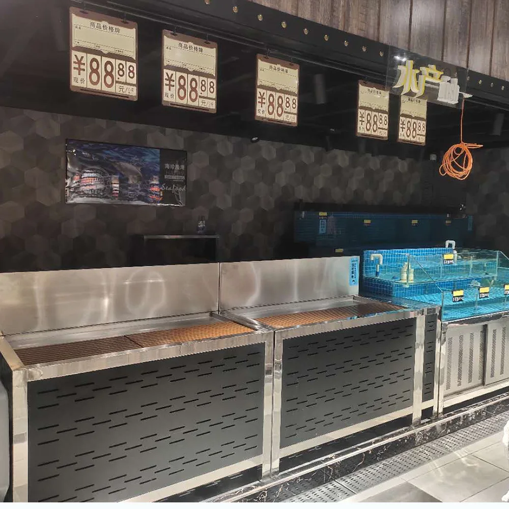 Customized 304 Stainless steel fish on ice table seafood stand fishes on sale display supermarket fish display table