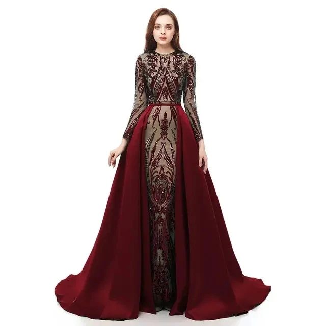 Vestidos De Festa sequin long sleeve gown party dresses women evening elegance dress with detachable train