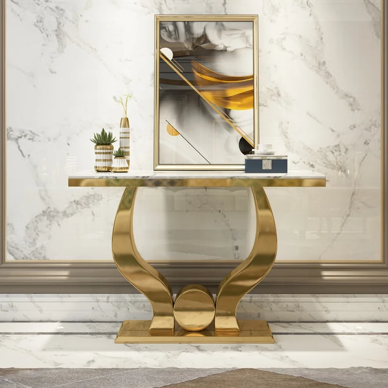 High quality modern luxury stainless steel metal marble counter tops customized  console table