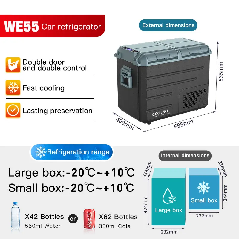WAYCOOL W/WE55 48L AC100~240V Auto Dual Temperature Dual Control Car Refrigerator with Compressor Cooling System