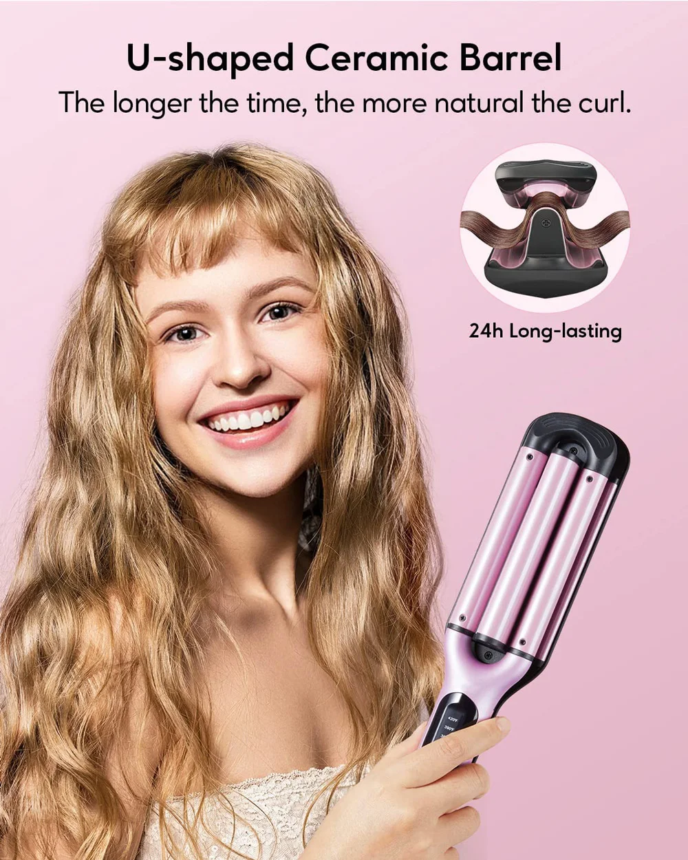 Pink 3 Barrel Deep Hair Waver Adjustable Heat Beach Waves Curling Iron LED Display Ceramic Wave Wand Hair Crimper