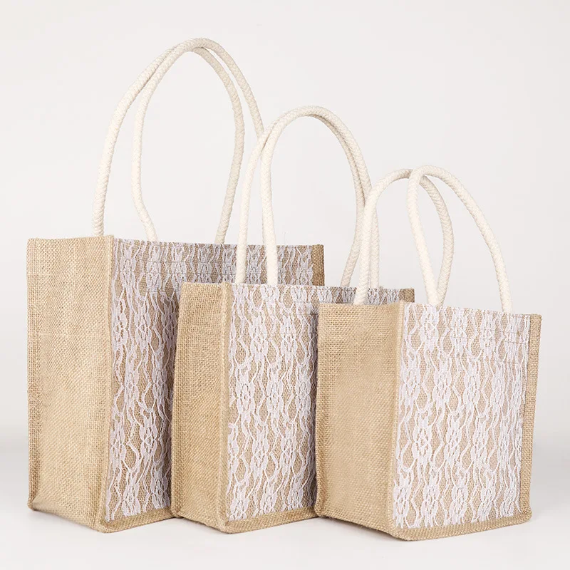 Custom Logo Printed Eco Recycle Natural Foldable Reusable Jute Burlap Linen Shopping Tote Bag With Lace