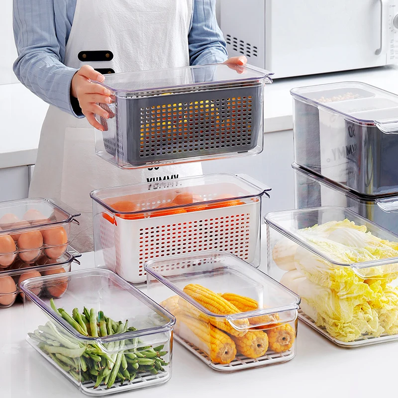 Household Custom Logo Fridge Bins Refrigerator Organizer Stackable Food Storage Containers BPA Free Fridge Drawer Organizers Set