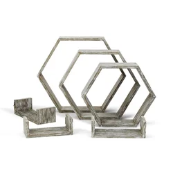 Set of 6 Decorative Wooden Wall Mounted Storage Shelf 3 Hexagon Shape 3 Small U Shape Floating Wood Shelves