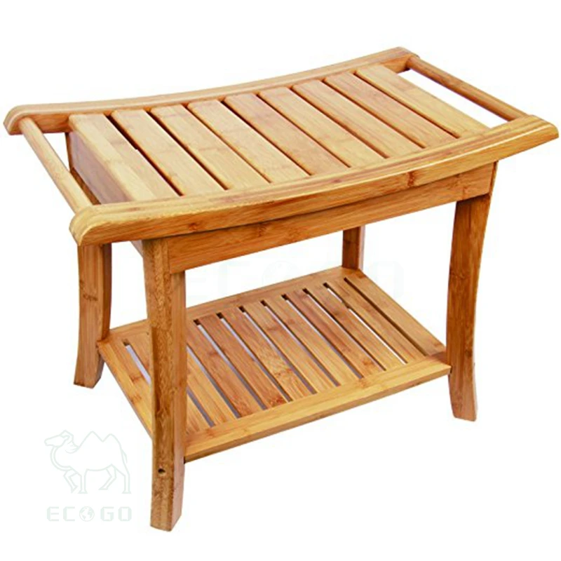 High quality bamboo shower stool shower bench spa seat with 2-tier storage racks