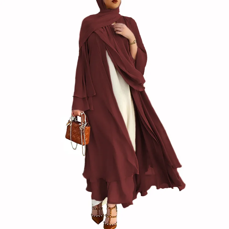 TD New Arrival Solid Color Muslim Cardigan Double Chiffon Muslim Scarfs Kaftan Abaya Islamic Clothing