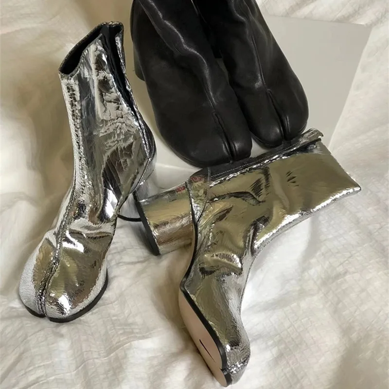 XINZI RAIN Custom Female Short Fashion Boots Custom Logo Split Toe Silver Black Leather Women Tabi Heel Boots