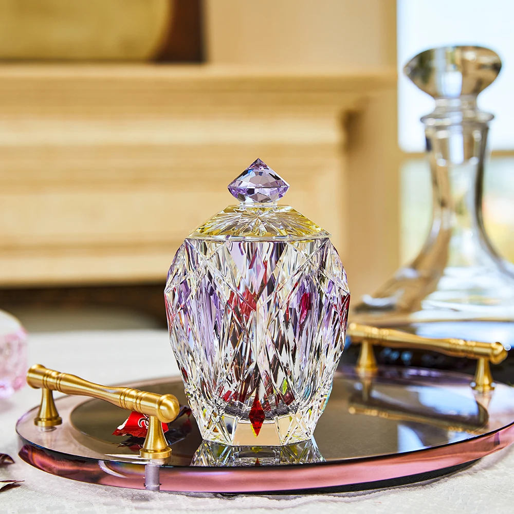 Quality Assurance Purple Luxury Crystal Jewelry Box Custom Hand Carving Crystal Glass Candy Jar With Gift Box