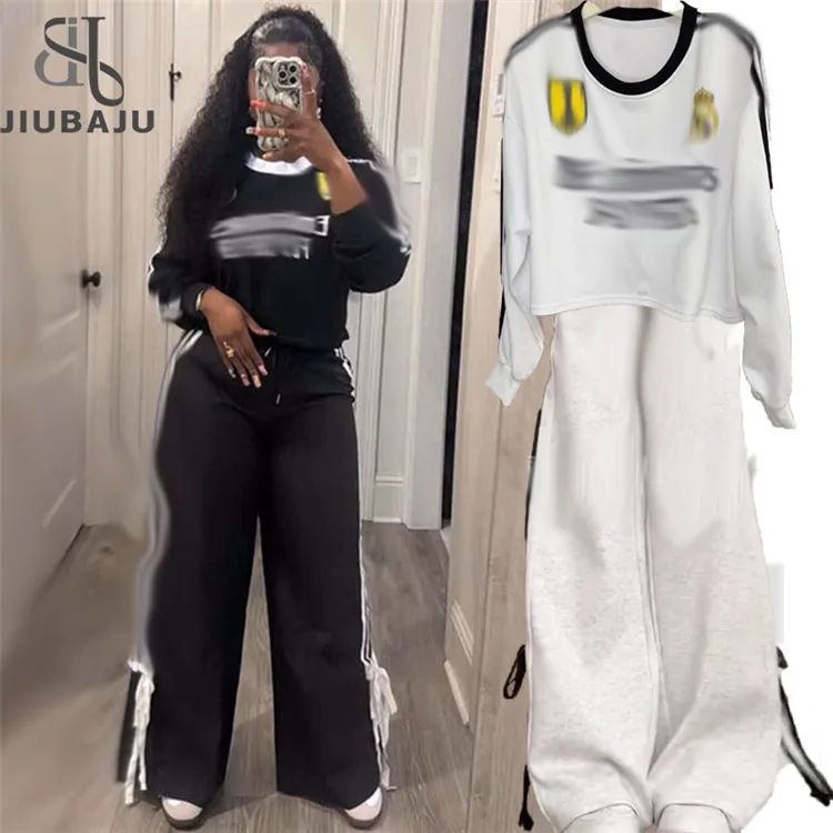 Letter Print T Shirt Two Piece Sets Women O Neck Top And Stripe Pants Outfits Lady Sporty 2pcs Suit