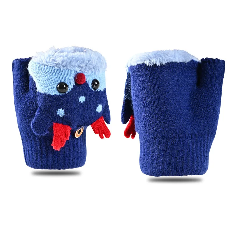 Winter Kids Outdoor Thick Fleece Lined Gloves Christmas Red Half Finger Gloves With Cap Children Girls Knitted Warm Gloves