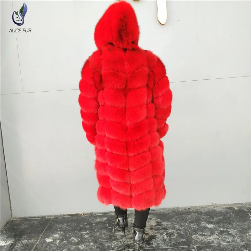 Hot Sell red color plus size long style clothes women winter animal fox fur coat girls with hood