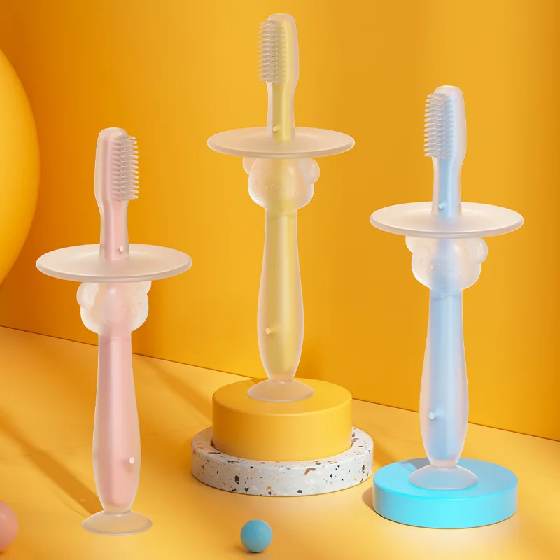 Stand up suction cup silicone tongue coating baby toothbrush
