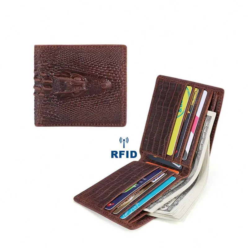 OEM mens custom RFID blocking brown Crocodile pattern genuine leather credit card holder wallet