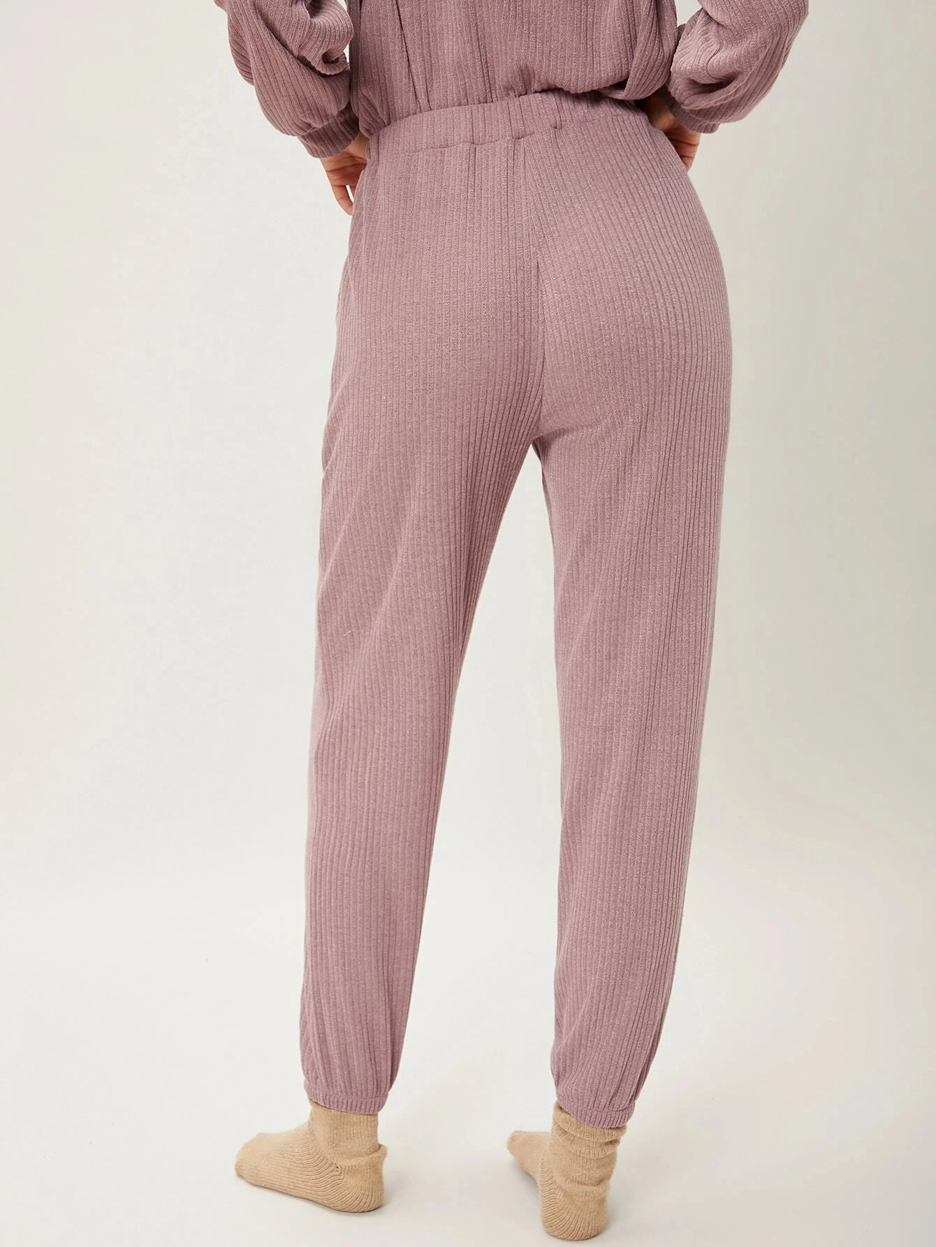 Spring Autumn Solid Pajama Women Drawstring Waist Casual Lounge Polyester Ribbed Knit Long Lounge Pants