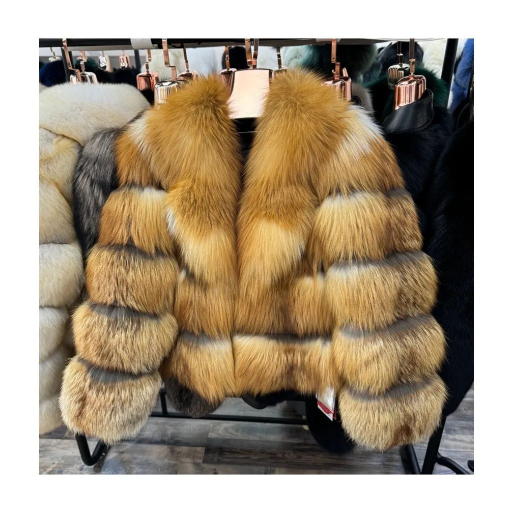 RX Furs Wholesale High Quality Luxury Lapel Overcoat Lady Woman Straight Rows Bomber Cropped Red Fox Fur Collar Fur Coat