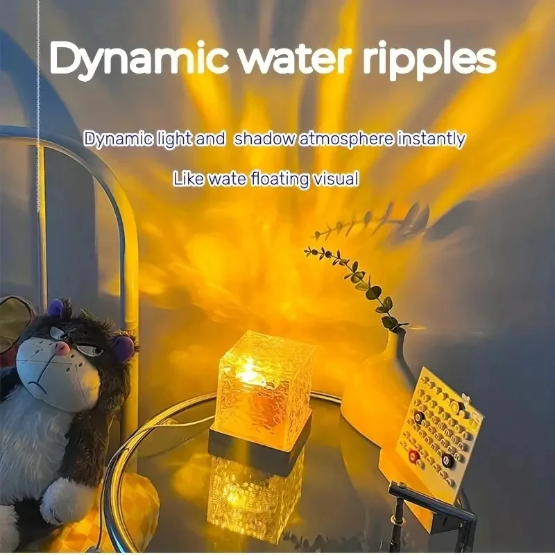 Remote Control LED Rotating Water Ripple Night Light RGB Color Changing Cube Crystal Table Lamp for Bedroom Decoration