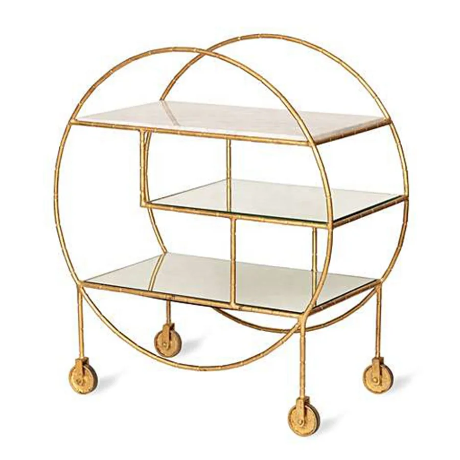 Luxury Golden Metal Round Frame Glass Marble Hotel Trolley Serving Bar Cart