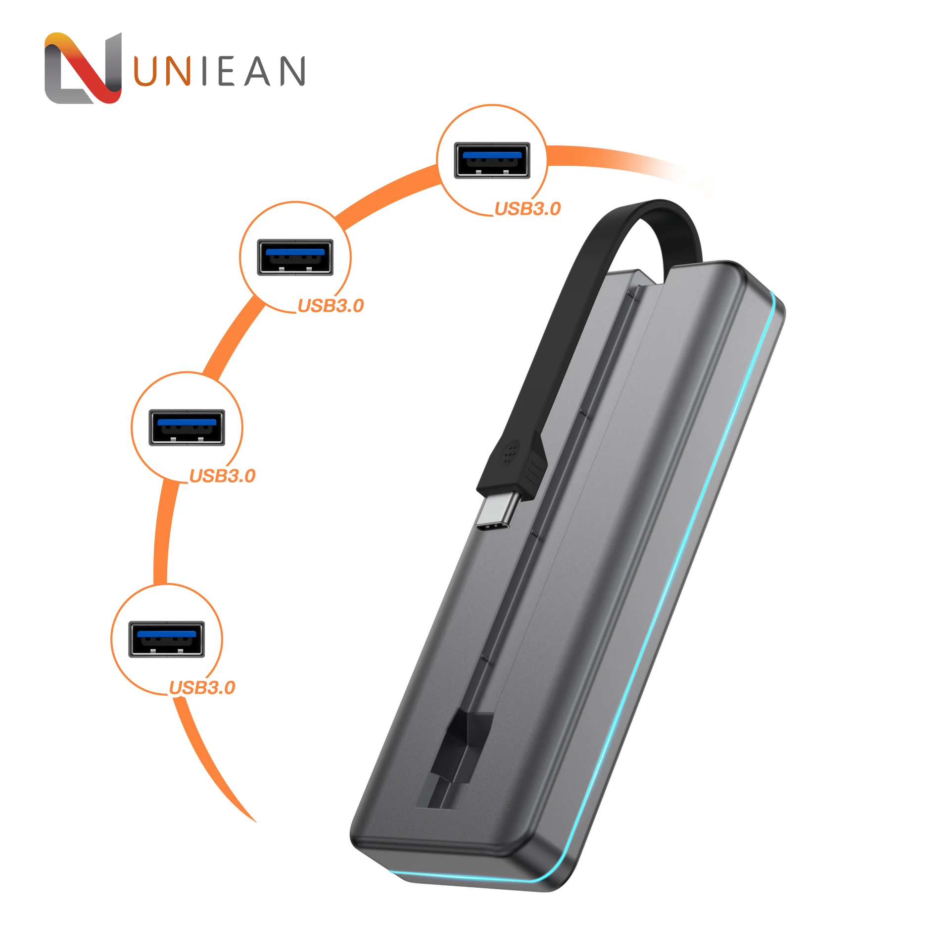 2023 New Design RGB Aluminum Alloy Housing PVC Cable Type C Adapter Splitter 5Gbps Data Transfer Dock Station USB3.0 4 Por Hub