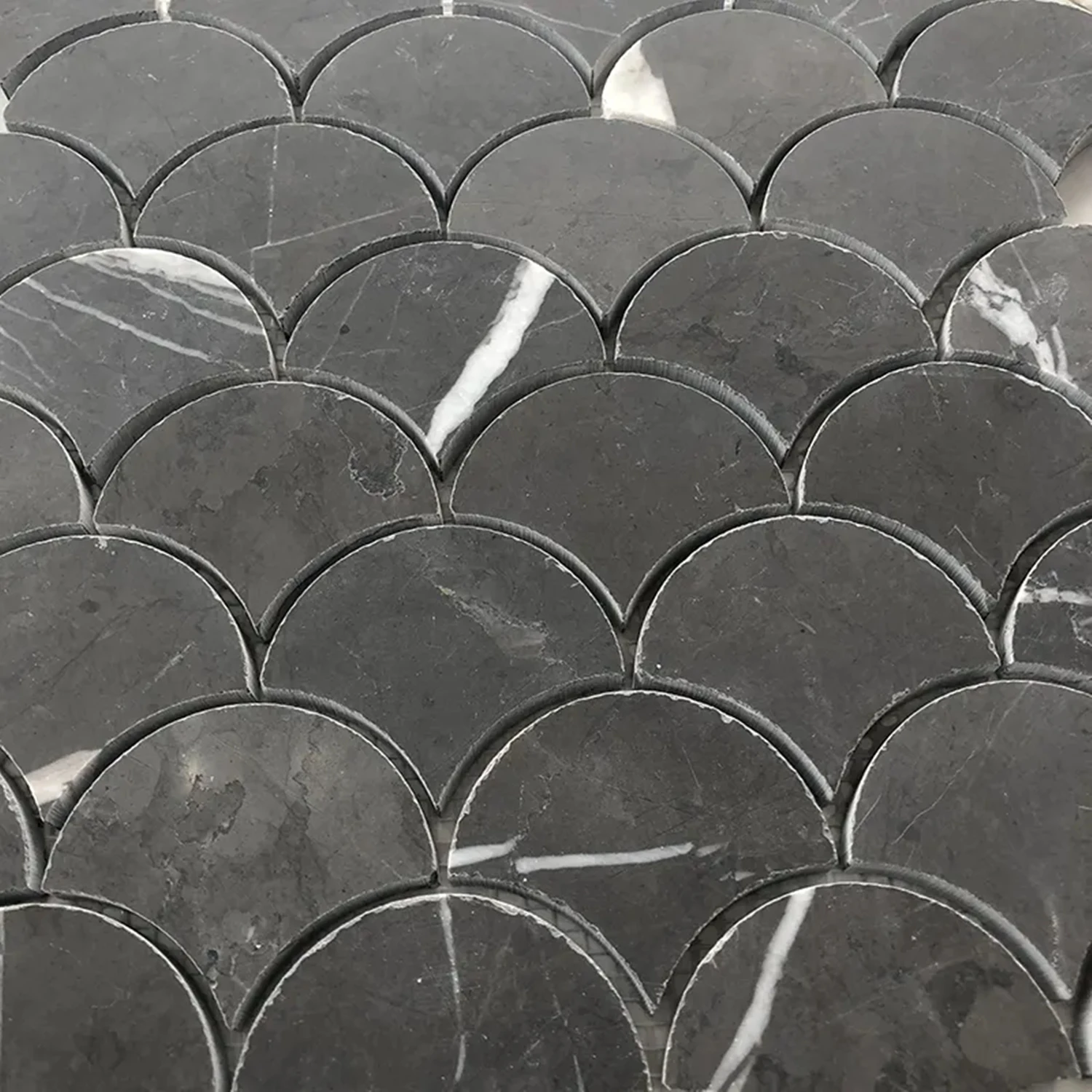 Black Nero Marquina Polished Kitchen Backsplash Fan Shape Marble Mosaic Tiles for Shower Wall Waterjet Pattern