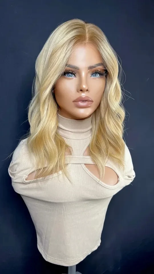 613# Blonde Light Brown Root High Density Double Drawn Wigs Bob Cut Shoulder Length Remy Virgin Hair Small Size Glueless Wig