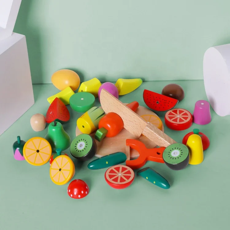 Wooden Cutting Cooking Food Sets Magnetic Wood Vegetables Fruits Pretend Play Kitchen Toy